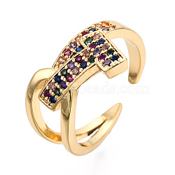 Cubic Zirconia Initial Letter T Open Cuff Ring, Real 18K Gold Plated Brass Knot Chunky Ring for Women, Nickel Free, Colorful, US Size 6 1/4(16.7mm)(RJEW-N037-041A)