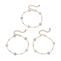 Glass & ABS Plastic Imitation Pearl Beads Link Bracelets, 304 Stainless Steel Cable Chains Bracelets for Women, Flower, Light Blue, 7-3/8 inch(18.7cm)(BJEW-JB12572-03)