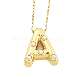 Brass & Plastic Pearl Letter Pendant Box Chain Necklaces for Women, Real 18K Gold Plated, Letter A, 17.64 inch(44.8cm)(NJEW-U017-01G-01)