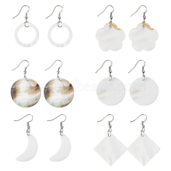 FIBLOOM 6 Pairs 6 Style Natural Shell Geometry Dangle Earrings, Alloy Earrings for Women, Rhombus & Ring & Moon & Flower & Flat Round, Mixed Shapes, 45~56x17~34.5mm, 1 Pair/style(EJEW-FI0001-79)