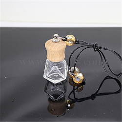 Empty Glass Perfume Bottle Pendants, Aromatherapy Fragrance Essential Oil Diffuser Bottle, with Coffee Color Cord, Car Hanging Decor, with Wood Lid, Diamond, 4.1x2.74cm(PW22121511030)