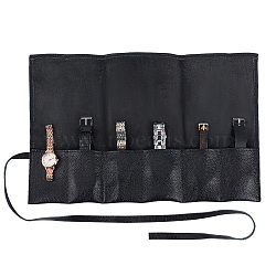 Leather Watch Roll Travel Cases, Multifunctional Storage Organizer, 6 Pockets, Black, 39x24.6cm(CON-WH0089-69)