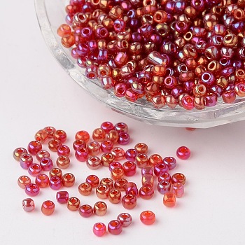 Transparent Colours Rainbow Round Glass Seed Beads, Fuchsia, Size: about 3mm in diameter, hole: 1mm, about 1102pcs/50g
