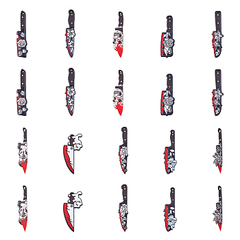 20Pcs 10 Styles Halloween Printed Opaque Acrylic Pendants, Horrible Bloody Knife Charms, Mixed Shapes, 47~57x11~16x2~2.6mm, 2pcs/style