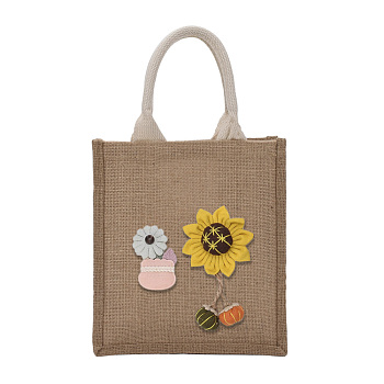 Jute Tote Bags Soft Cotton Handles Laminated Interior, with Cloth Flower Decoration and Handles, for Embroidery DIY Art Crafts, Reusable Grocery Bag Shopping Tote Bag, Dark Green, 35cm, 23x21x15.5cm, Fold: 23x21x1.3cm