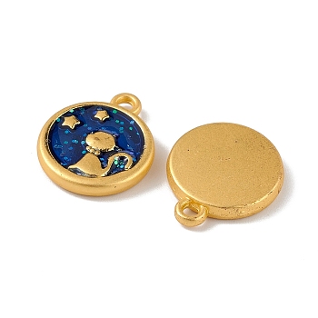 Alloy Enamel Pendants, Flat Round with Cat Charm, Light Gold, Marine Blue, 15.5x13x3mm, Hole: 1mm