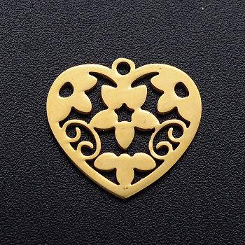 201 Stainless Steel Pendants, Heart with Flower, Golden, 15x16x1mm, Hole: 1.2mm