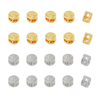 40Pcs 2 Colors Brass Beads, Stopper Beads, Flat Round with Tree of Life, Platinum & Golden, 8.5x5.5mm, Hole: 3mm, 20pcs/color