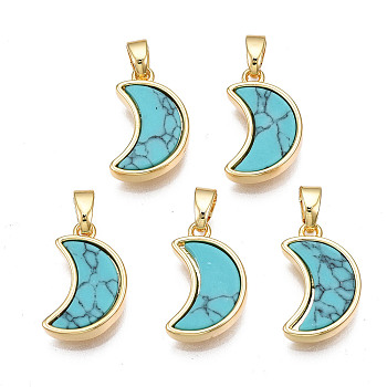 Real 18K Gold Plated Brass Pendants, with Synthetic Turquoise Cabochons, Cadmium Free & Nickel Free & Lead Free, Moon, Turquoise, 15.5x10x3mm, Hole: 2.5x5mm