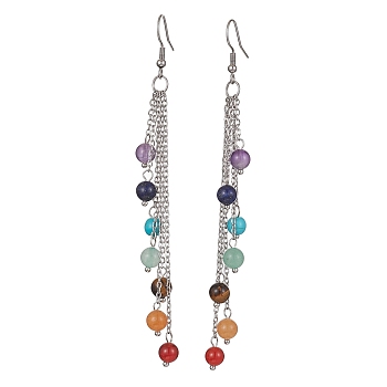 Chakra Natural & Synthetic Mixed Gemstomne Beaded Dangle Earrings, 316 Surgical Stainless Steel Chains Tassel Earrings, Round, 106mm
