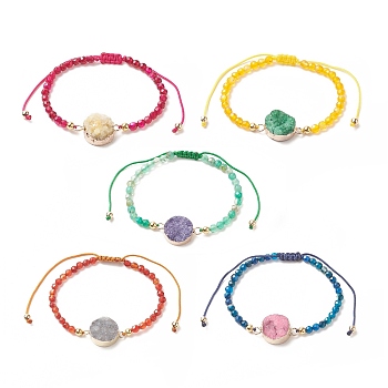 5Pcs 5 Color Dyed Natural Drusy Agate Flat Round Link Bracelets Set, Gemstone Adjustable Bracelet for Women, Mixed Color, Inner Diameter: 2~3-5/8 inch(5.1~9.1cm)