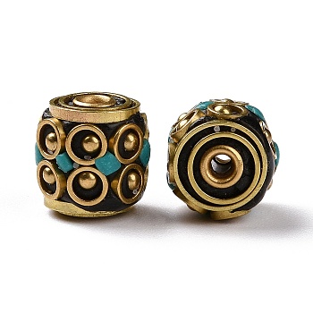 Handmade Indonesia Beads, with Brass Findings and Resin, Antique Golden, Column, Medium Turquoise, 12x11mm, Hole: 1.8mm