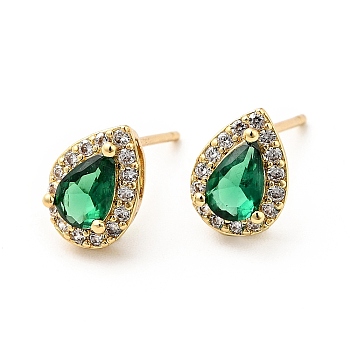 Green Cubic Zirconia Teardrop Stud Earrings, Rack Plating Brass Jewelry for Women, Real 18K Gold Plated, 9x7mm, Pin: 0.8mm
