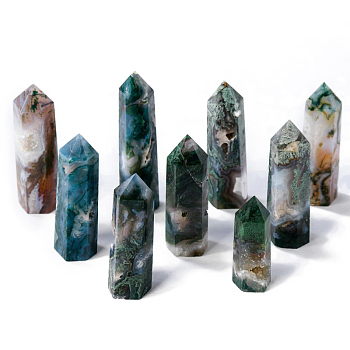 Natural Moss Agate Pointed Prism Bar Home Display Decoration, Healing Stone Wands, for Reiki Chakra Meditation Therapy Decos, Faceted Bullet, 40~50mm