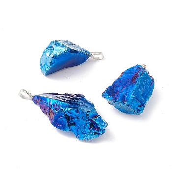 Electroplated Rough Raw Natural Quartz Crystal Big Pendants, with Platinum Tone Alloy Loops, Nuggets, Royal Blue, 31~53x22.5~29x13.5~20mm, Hole: 7mm