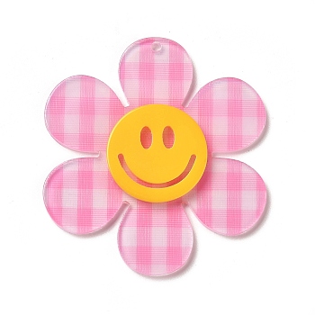Tartan Pattern Acrylic Big Pendants, Flower with Smiling Face, Deep Pink, 55x50x4.5mm, Hole: 1.8mm