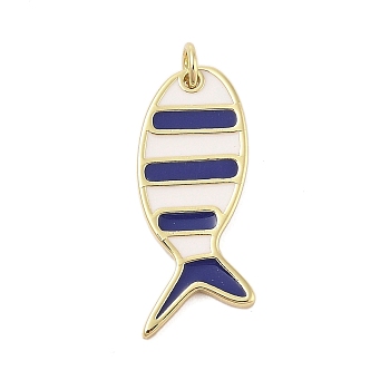 Rack Plating Brass Enamel Pendants, with Jump Ring, Long-Lasting Plated, Cadmium Free & Lead Free, Real 18K Gold Plated, Fish Charm, Black, 29x12x2mm, Hole: 3mm