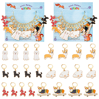 12Pcs 6 Style Alloy Enamel Dog Charms Locking Stitch Markers, with Gold Tone 304 Stainless Steel Leverback Earring Findings, Mixed Color, 3.7~4.5cm, 2pcs/style