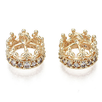 Brass Micro Pave Clear Cubic Zirconia Charms, Nickel Free, Crown, Real 18K Gold Plated, 9.5x12mm, Hole: 1.8mm