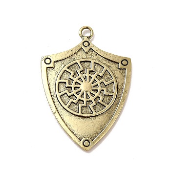 Tibetan Style Alloy Pendants, Shield Charm, Antique Bronze, 43x29.5x2.5mm, Hole: 2.6mm