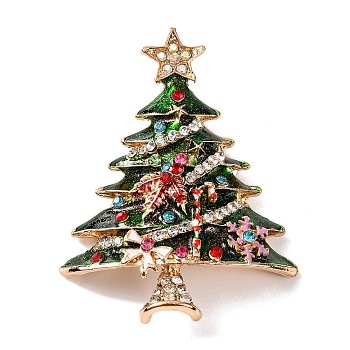 Alloy Rhinestone & Acrylic Christmas Tree Brooch for Women, Light Gold, 62x48x7mm