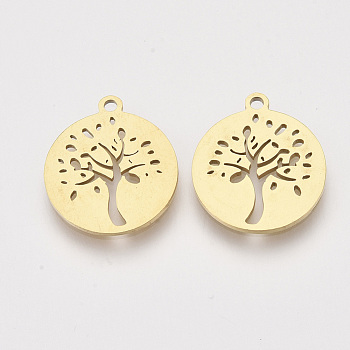 201 Stainless Steel Pendants, Laser Cut Pendants, Flat Round with Tree, Golden, 17x15x1mm, Hole: 1.4mm