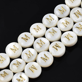 Natural Freshwater Shell Beads, with Golden Enamel, Horizontal Hole, Flat Round with Alphabet, Seashell Color, Letter.M, 8x3.5~4.5mm, Hole: 0.5mm, about 40pcs/strand, 12.20~12.60inch(31~32cm)