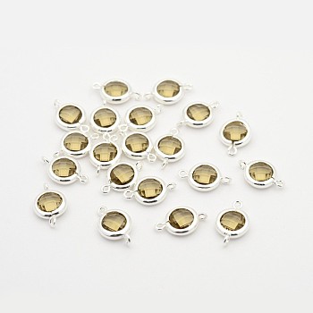 Silver Color Plated Brass Glass Links connectors, Faceted Flat Round, Coffee, 15x9x3mm, Hole: 1mm