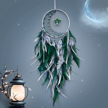 Woven Web/Net with Feather Decorations, with Iron Ring and Natural Gemstone, Star Charm for Home Bedroom Hanging Decorations, Teal, 720mm