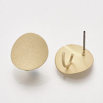 Iron Stud Earring Findings, with Steel Pins and Loop, Flat Round, Matte Gold Color, 15mm, Hole: 4mm, Pin: 0.7mm