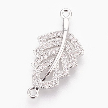 Brass Micro Pave Cubic Zirconia Links, Lead Free & Cadmium Free & Nickel Free, Long-Lasting Plated, Leaf, Clear, Platinum, 26x12.5x2.5mm, Hole: 1.2mm