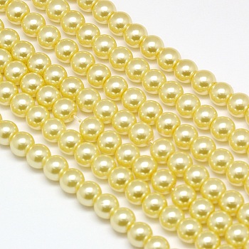Eco-Friendly Dyed Glass Pearl Round Bead Strands, Cotton Cord Threaded, Light Khaki, 6mm, Hole: 0.7~1.1mm, about 72pcs/strand, 15 inch