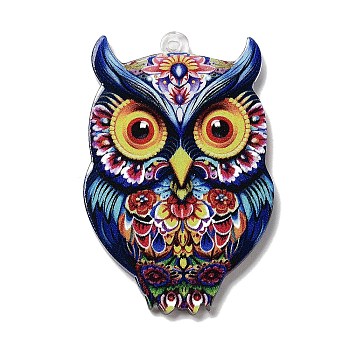Acrylic Pendants, Owl, Blue, 42x27.5x2mm, Hole: 1.5mm