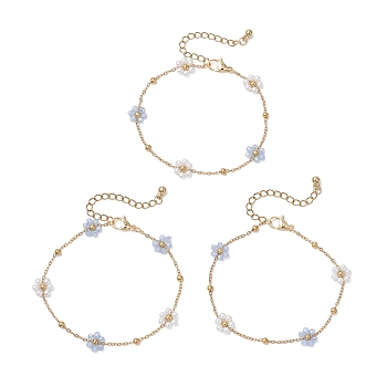 Glass & ABS Plastic Imitation Pearl Beads Link Bracelets, 304 Stainless Steel Cable Chains Bracelets for Women, Flower, Light Blue, 7-3/8 inch(18.7cm)