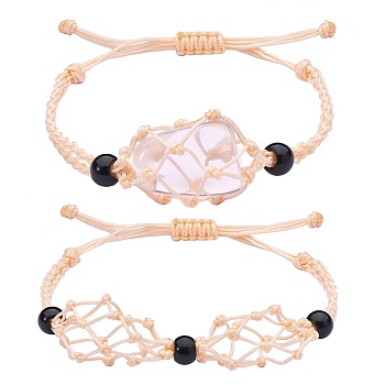 Adjustable Braided Nylon Cord Macrame Pouch Bracelet Making, with Glass Beads, Moccasin, Inner Diameter: 1-7/8~3-1/4 inch(4.7~8.4cm), 2 styles, 1pc/style, 2pcs/set