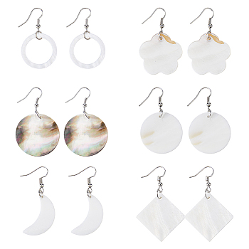 FIBLOOM 6 Pairs 6 Style Natural Shell Geometry Dangle Earrings, Alloy Earrings for Women, Rhombus & Ring & Moon & Flower & Flat Round, Mixed Shapes, 45~56x17~34.5mm, 1 Pair/style