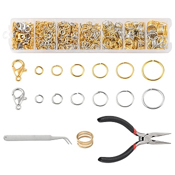 DIY Jewelry Making Finding Kit, Including Zinc Alloy Lobster Claw Clasps, Iron Open Jump Rings, Pliers, Brass Rings, Tweezer, Platinum & Golden, 1203Pcs/set