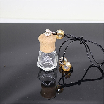 Empty Glass Perfume Bottle Pendants, Aromatherapy Fragrance Essential Oil Diffuser Bottle, with Coffee Color Cord, Car Hanging Decor, with Wood Lid, Diamond, 4.1x2.74cm