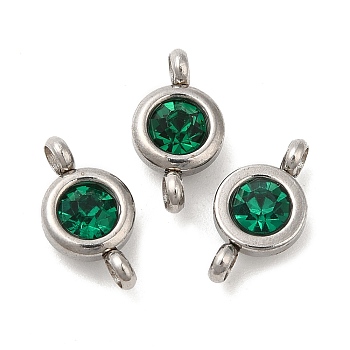 304 Stainless Steel Single Rhinestone Connector Charms, Flat Round Links, Stainless Steel Color, Med.Emerald, 12x6.5x4mm, Hole: 2mm