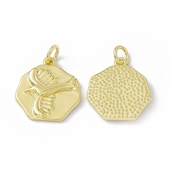 Rack Plating Brass Pendants,  Long-Lasting Plated, Lead Free & Cadmium Free, with Jump Ring, Polygon with Bird Charm, Real 18K Gold Plated, 16.5x15x3mm, Hole: 3mm