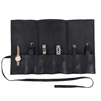 Leather Watch Roll Travel Cases, Multifunctional Storage Organizer, 6 Pockets, Black, 39x24.6cm