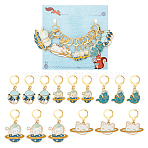 Space Theme Cat Alloy Enamel Pendant Stitch Markers, Crochet Leverback Hoop Charms, Locking Stitch Marker with Wine Glass Charm Ring, Mixed Color, 3.5~4cm, 5 style, 3pcs/style, 15pcs/set(HJEW-AB00519)