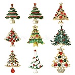 9Pcs 9 Styles Christmas Tree Enamel Pins, Alloy Rhinestone Lapel Pins for Backpack Clothes, Light Gold, Mixed Color, 34.5~54x26.5~42.5mm, 1pc/style(JEWB-CJ0003-28)