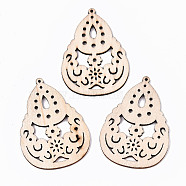 Undyed Natural Hollow Wooden Big Pendants, Laser Cut Shapes, Teardrop with Flower, Antique White, 64x44.5x2mm, Hole: 1.6mm(WOOD-N007-109)