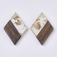 Transparent Resin & Walnut Wood Pendants, with Gold Foil, Waxed, Rhombus, Gold, 29x19.5x3.5mm, Hole: 2mm(RESI-T042-01-A01)