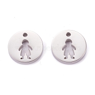 304 Stainless Steel Charms, Flat Round with Hollow Boy, Stainless Steel Color, 12x1.4mm, Hole: 2mm(STAS-F261-04P)