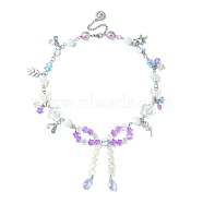Alloy Leaf & Flower & Bowknot Pendant Necklace, Acrylic & Glass Butterfly Beaded Exquisite Necklace for Women, Orchid, 18.11 inch(46cm)(NJEW-FZ00007)
