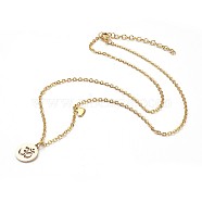 304 Stainless Steel Pendant Necklaces, Flat Round with Yoga/Om Symbol Pattern, Cardboard Boxes, Golden, 17.51 inch (43.5cm), Box: 9x6.5x2.7cm(NJEW-JN02214-01)
