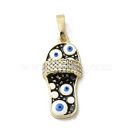 Brass Micro Pave Cubic Zirconia Pendants, with Enamel, Real 18K Gold Plated, Slipper
 with Evil Eye, Black, 23x10.5x5mm, Hole: 3.5x5.5mm(KK-E092-18G-03)