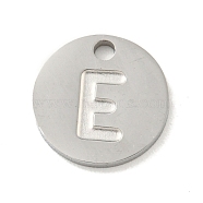 304 Stainless Steel Pendants, Laser Cut, Flat Round with Letter Charm, Stainless Steel Color, Letter E, 10x1mm, Hole: 1.4mm(FIND-M017-02P-E)